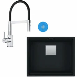 Franke Kubus Evier Sous Plan 56x46cm Fragranit+, Noir Mat + Mitigeur Cuisine 205x410mm Semi-pro Avec Douchette Extractible, Chrome/Noir