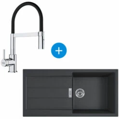 Franke Sirius Evier à Encastrer 100×50cm 1 Bac Avec égouttoir, Noir + Mitigeur 205x410mm Semi-pro, Douchette Extractible, Chrome/Noir