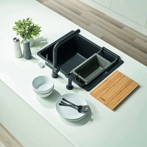 Franke ALL IN Set D'accessoires Universel Planche à Découper Bambou 32x20 + Panier égouttoir PVC Noir Sanitized (ALLINSET-1) – Image 2